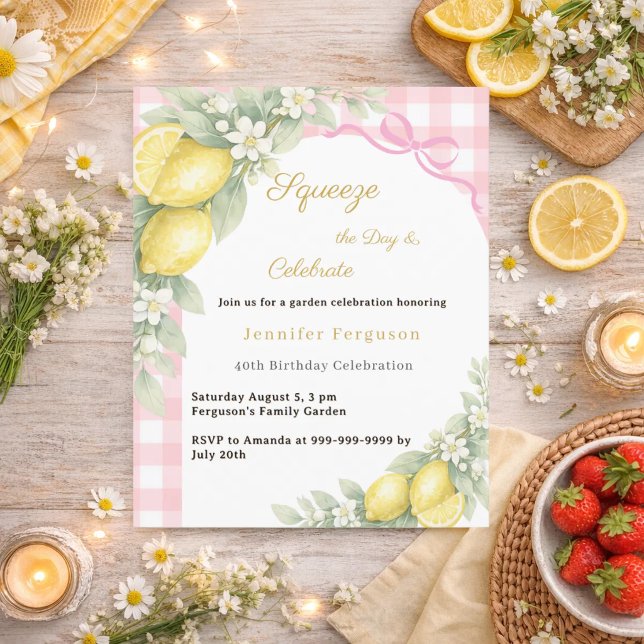 Lemons pink gingham garden birthday invitation (クリエイターアップロード済み)