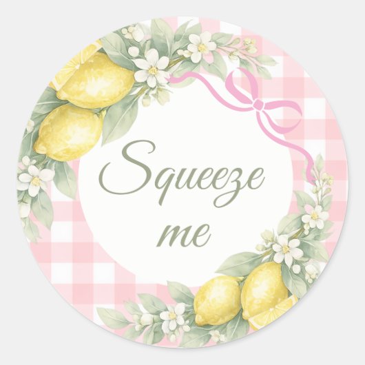 Lemons pink gingham squeeze me party favor ラウンドシール (正面)