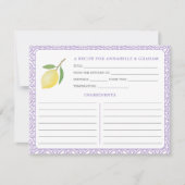 Lemons Purple Text Bridal Shower Recipe Card 招待状 (正面)