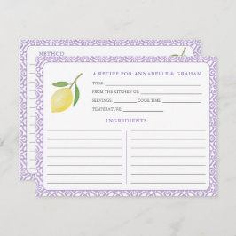 Lemons Purple Text Bridal Shower Recipe Card 招待状
