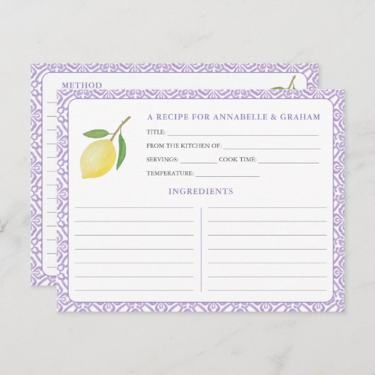 Lemons Purple Text Bridal Shower Recipe Card 招待状 (正面/裏面)