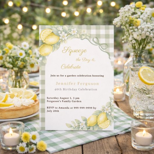 Lemons sage green gingham summer garden birthday 招待状