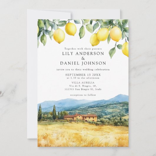 Lemons Tuscan Scene Italian QR Code Wedding 招待状 (正面)