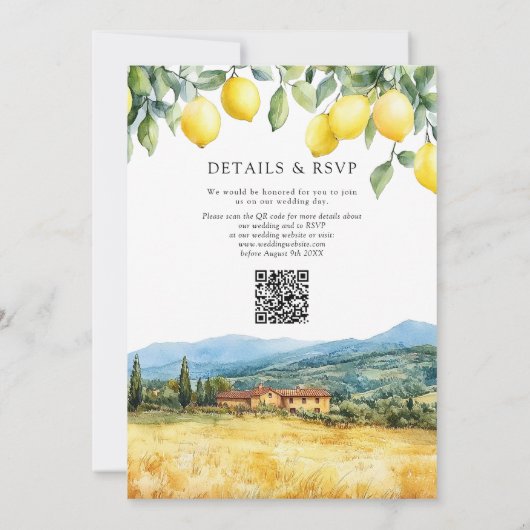 Lemons Tuscan Scene Italian QR Code Wedding 招待状 (裏面)