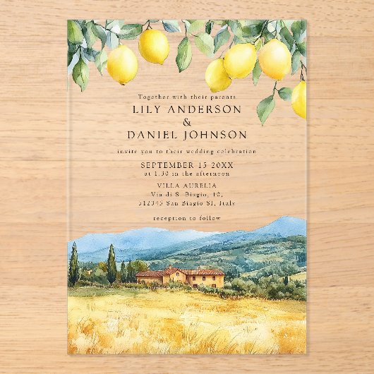 Lemons Tuscan Scene Italy Wedding アクリル招待状 (正面)