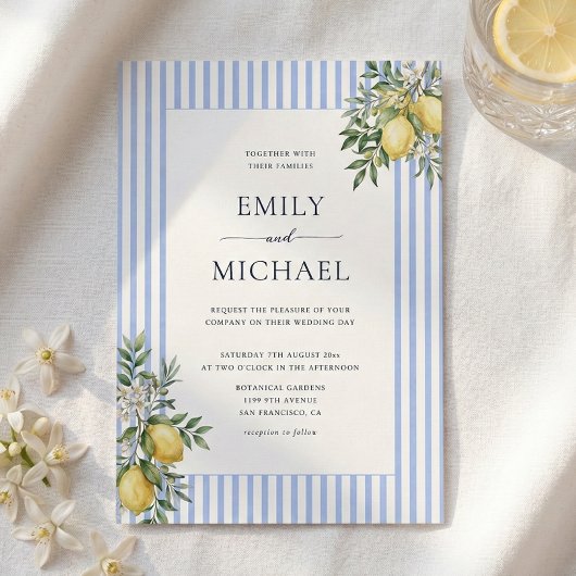 Lemons With Blue Stripes Citrus Wedding Invitation 招待状