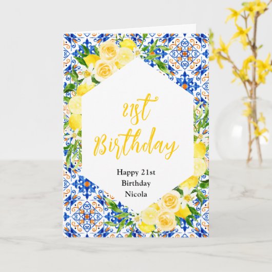 Lemons with Foliage Mediterranean Birthday カード (黄色い花)