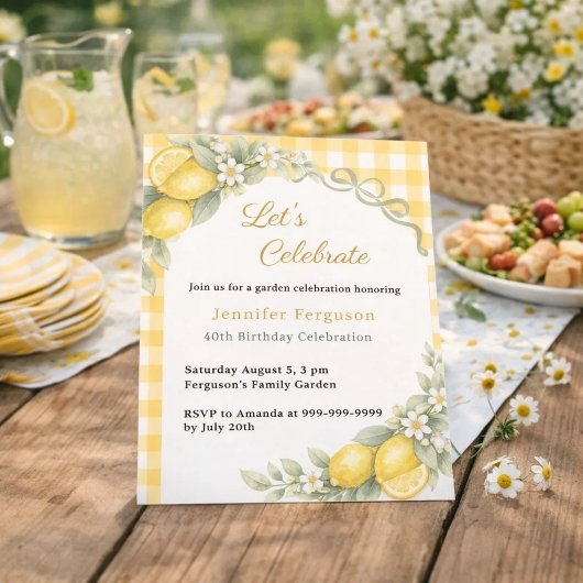 Lemons yellow gingham summer garden birthday 招待状