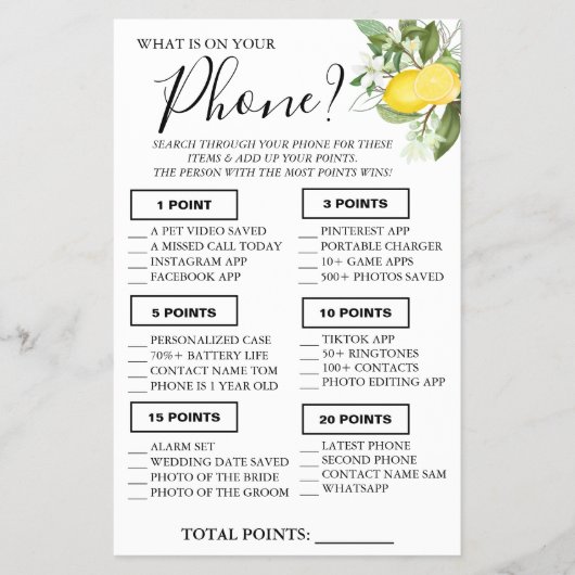 Lemony携帯電話に何が入っているのシャワーゲームカード チラシ (正面)