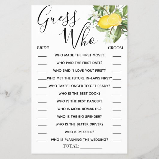 Lemony Guess Whoブライダルシャワーゲームカード チラシ (正面)