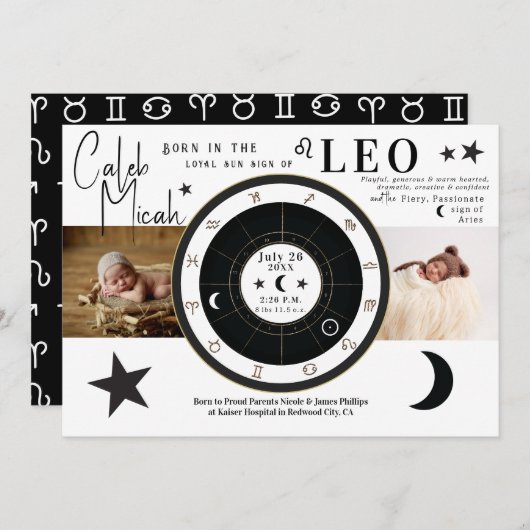 LEO太陽&月のサイン〔占星術の〕十二宮図サイン誕生のお知らせ 招待状 (正面/裏面)