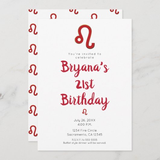 LEO〔占星術の〕十二宮図星占い7月威厳がある誕生日パーティー 招待状 (正面/裏面)