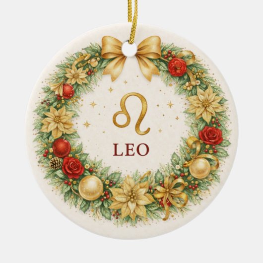 Leo Zodiac Christmas Ornament – Golden Winter Wrea セラミックオーナメント (正面)