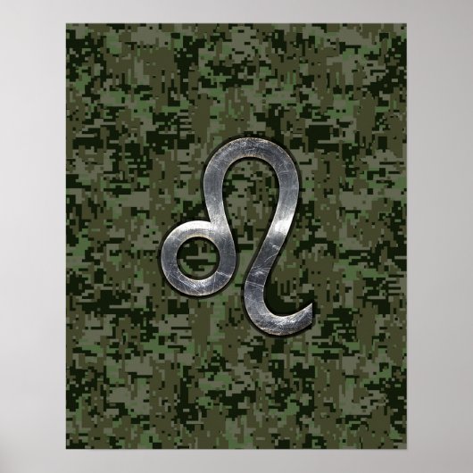 Leo Zodiac Sign on Green Digital Camouflage ポスター (正面)
