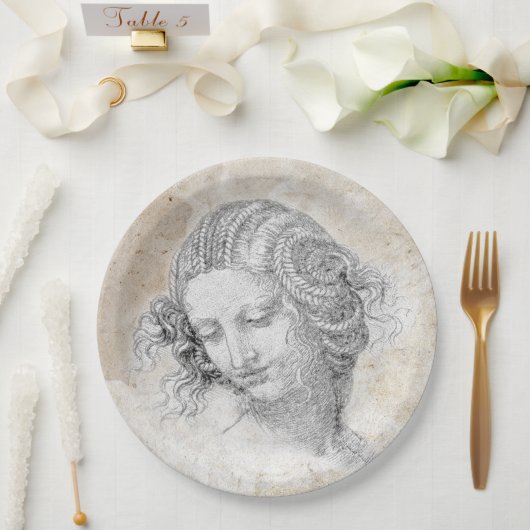 Leonardo DaVinci Sketch Leda Parchment Elegant Art ペーパープレート (ウェディング)