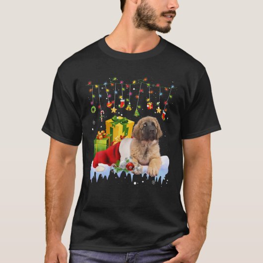 Leonberger Santa Hat Christmas Lights Christmas Pa Tシャツ (正面)