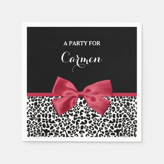 Leopardガーリー Print Bright Red Ribbon With Name スタンダードカクテルナプキン (正面)