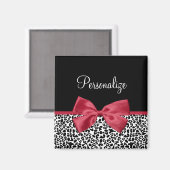 Leopardガーリー Print Bright Red Ribbon With Name マグネット (正面/裏面)