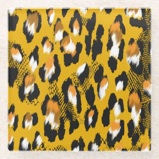 Leopardテクスチャアニマルプリント背景 ガラスコースター (正面)
