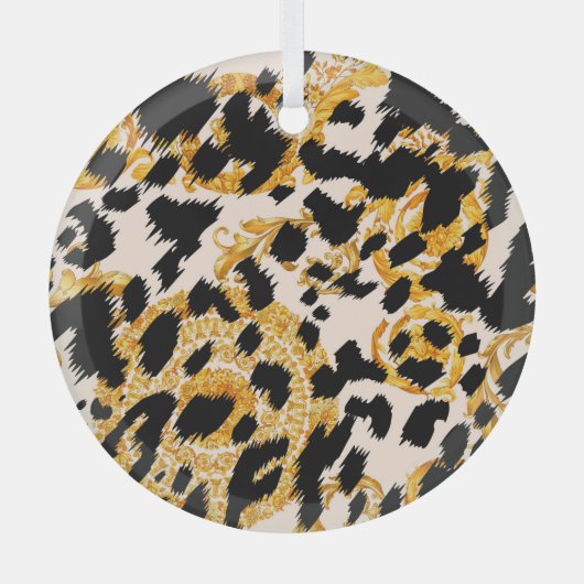 Leopardテクスチャ:金ゴールドバロック模様。 ガラスオーナメント (正面)