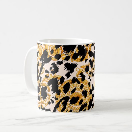 Leopardテクスチャ:金ゴールドバロック模様。 コーヒーマグカップ (正面左)
