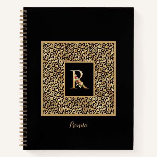 Leopardモダン金ゴールド個人モノグラム文字R ノートブック (正面)