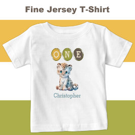Leopard 1st Birthday one with name blue ベビーTシャツ