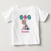 Leopard 1st Birthday one with name pink green ベビーTシャツ (正面)