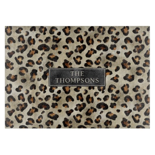 Leopard Animal Print With Black Faux Foil And Name カッティングボード (正面)