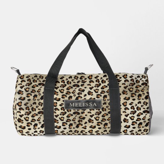 Leopard Animal Print With Black Faux Foil And Name ダッフルバッグ (正面)