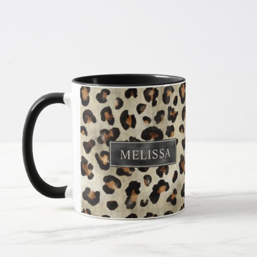 Leopard Animal Print With Black Faux Foil And Name マグカップ (左)