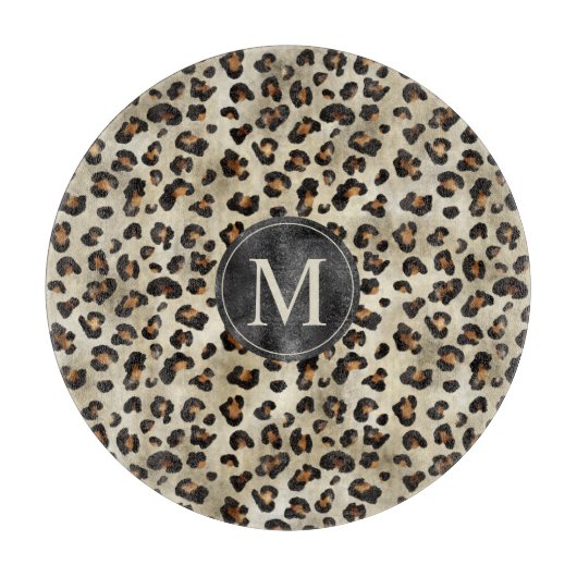 Leopard Animal Print With Black Faux Foil Monogram カッティングボード (正面)