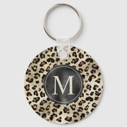 Leopard Animal Print With Black Faux Foil Monogram キーホルダー (正面)