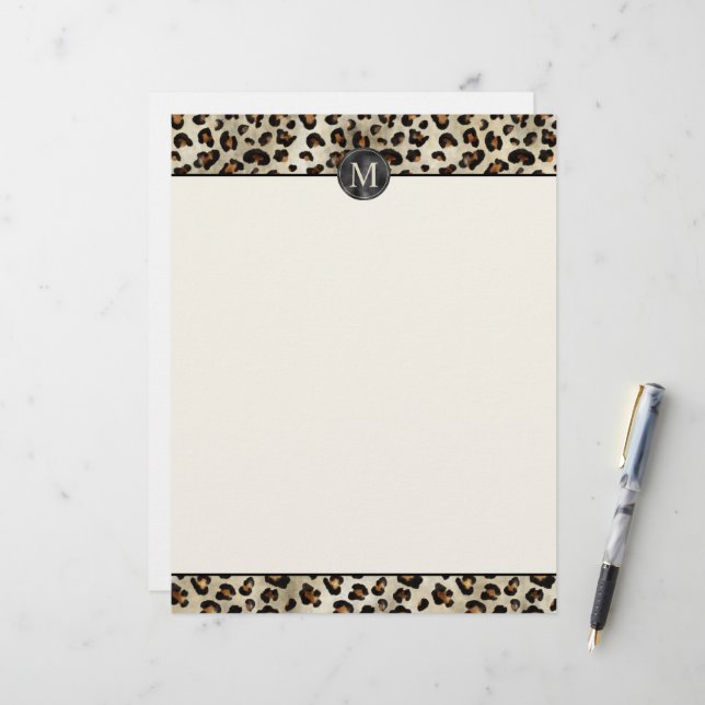 Leopard Animal Print With Black Faux Foil Monogram レターヘッド (正面/裏面インサイチュ)