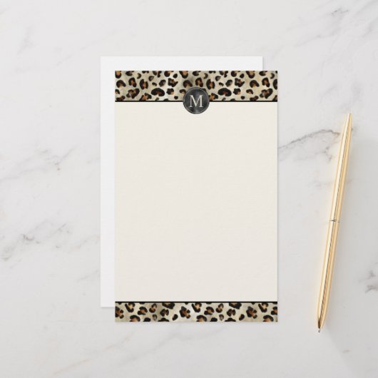 Leopard Animal Print With Black Faux Foil Monogram 便箋 (正面/裏面インサイチュ)