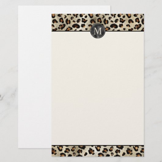 Leopard Animal Print With Black Faux Foil Monogram 便箋 (正面/裏面)