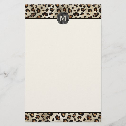 Leopard Animal Print With Black Faux Foil Monogram 便箋 (正面)