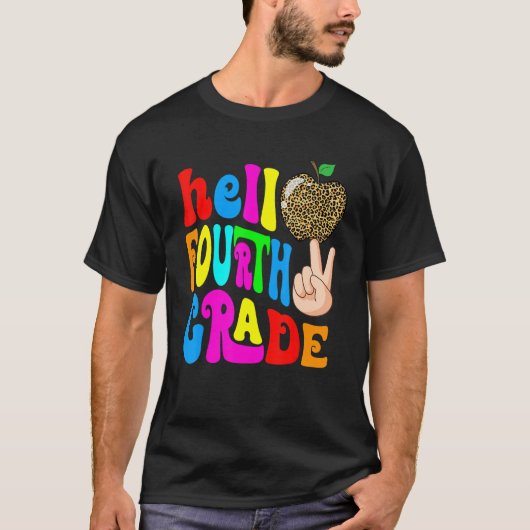 Leopard Apple Hello 4th Grade Teacher Kids Back To Tシャツ (正面)