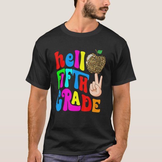 Leopard Apple Hello 5th Grade Teacher Kids Back To Tシャツ (正面)