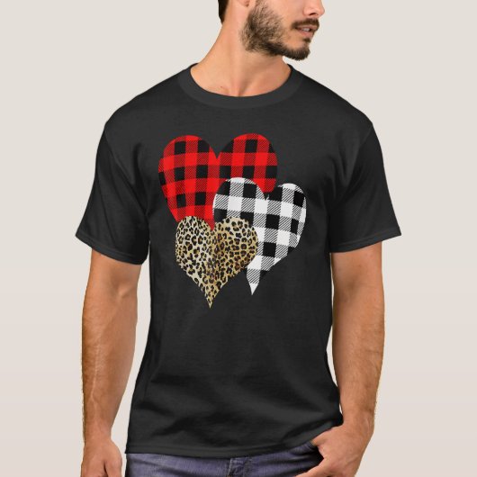 Leopard Buffalo Red Black Plaid Heart Funny Valent Tシャツ (正面)