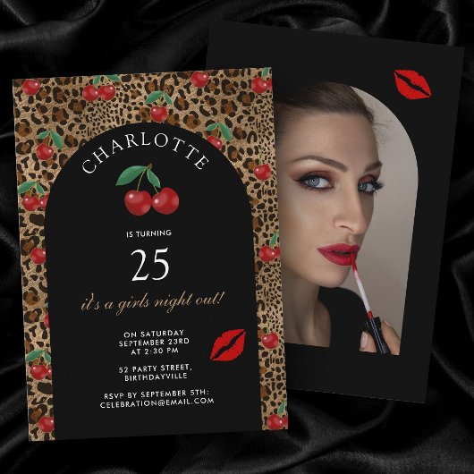 Leopard Cheetah Animal Print Cherry Birthday Photo 招待状