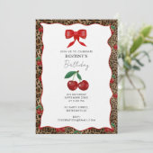 Leopard Cheetah Animal Print Cherry Girl Birthday 招待状 (スタンド正面)