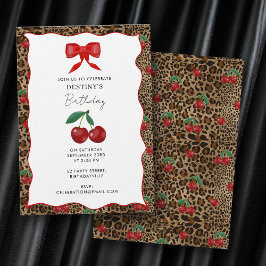 Leopard Cheetah Animal Print Cherry Girl Birthday 招待状