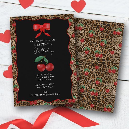 Leopard Cheetah Animal Print Cherry Girl Birthday 招待状