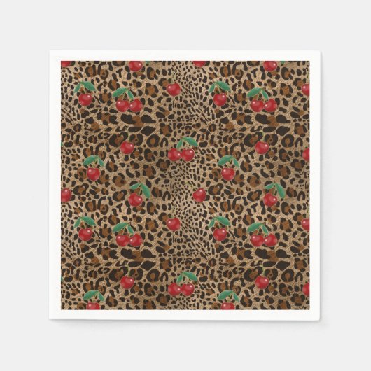 Leopard Cheetah Animal Print Red Cherries スタンダードカクテルナプキン (正面)