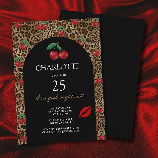 Leopard Cheetah Animal Print Red Cherry Birthday 招待状