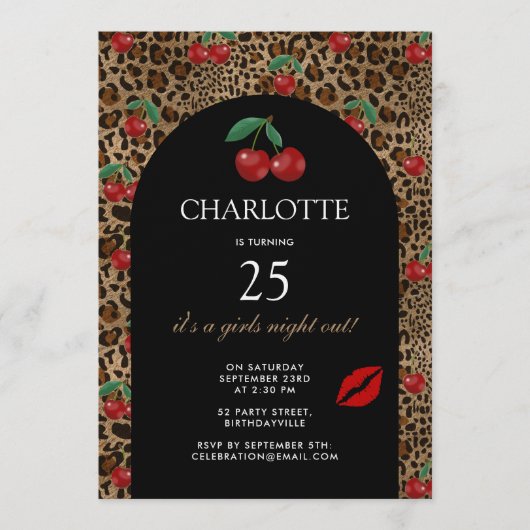 Leopard Cheetah Animal Print Red Cherry Birthday 招待状 (正面)