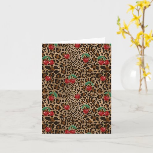 Leopard Cheetah Animal Print Red Cherry Pattern カード (黄色い花)