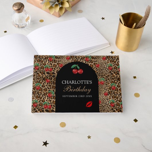 Leopard Cheetah Animal Print Red Cherry Pattern ゲストブック (正面見開き)