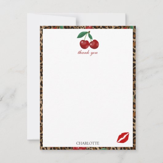 Leopard Cheetah Animal Print Red Cherry Pattern サンキューカード (正面)